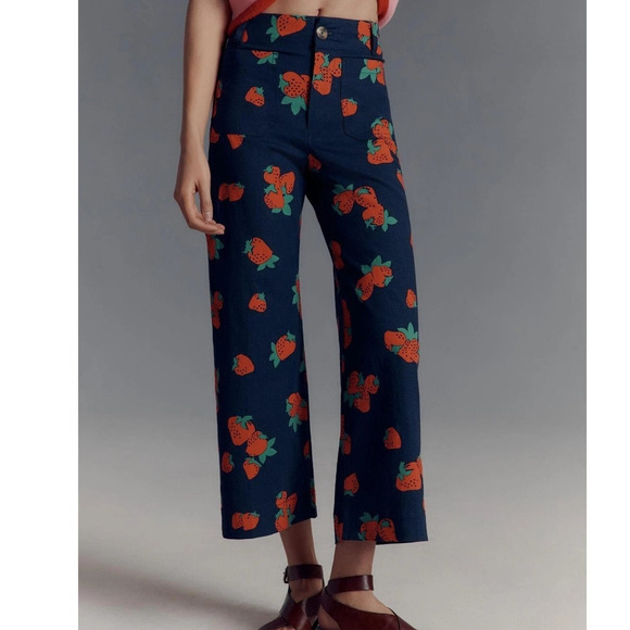 Anthropologie Maeve Colette Strawberry Navy Red Linen Crop Wide Leg Pants 29T - Picture 1 of 13